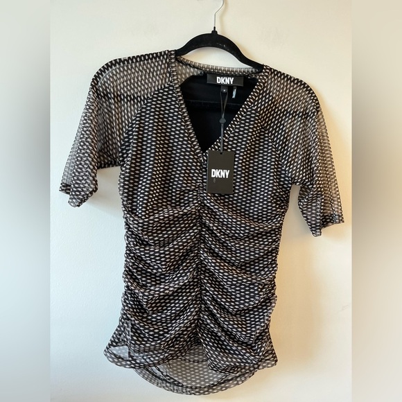 NWT DKNY Mesh Polkadot Lined Ruched Blouse - Picture 2 of 12
